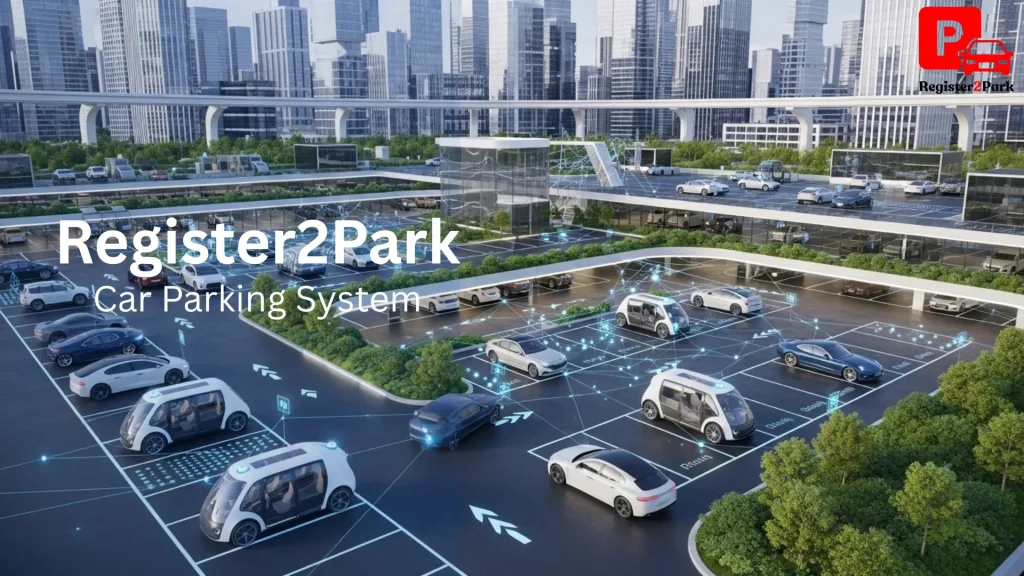 A futuristic parking lot with autonomous vehicles communicating via digital networks against a backdrop of a modern cityscape with skyscrapers.